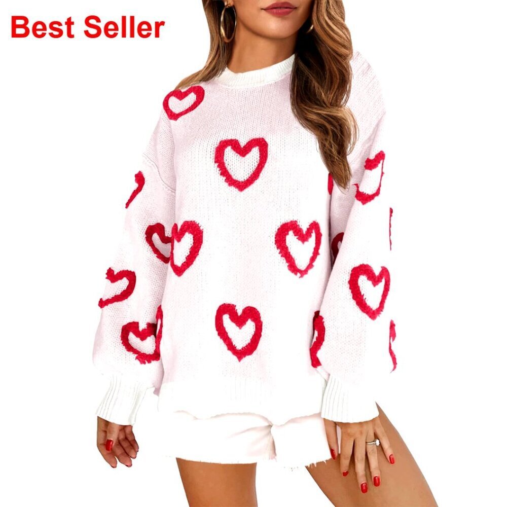 Oversized Chunky Knit Heart Sweater Crewneck Pullover Winter Casual